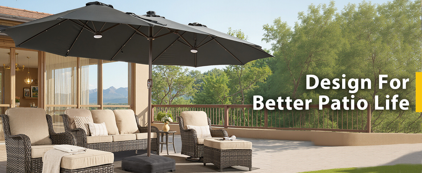 Outdoor patio umbrella with solar lights dark charcoal grey