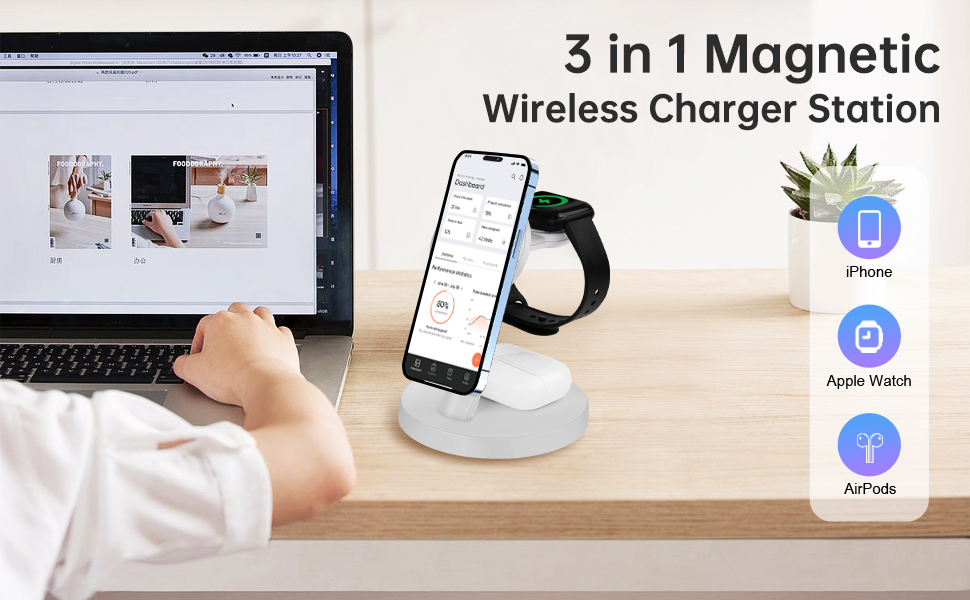 Magnetic Charger Stand for Apple MagSafe, 3 in 1 Wireless Charging ...