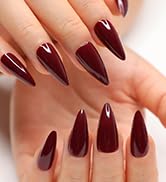 morily 24Pcs Wine Red Press on Nails Medium Length Stiletto False Nails Long Fake nails Glossy Ac...