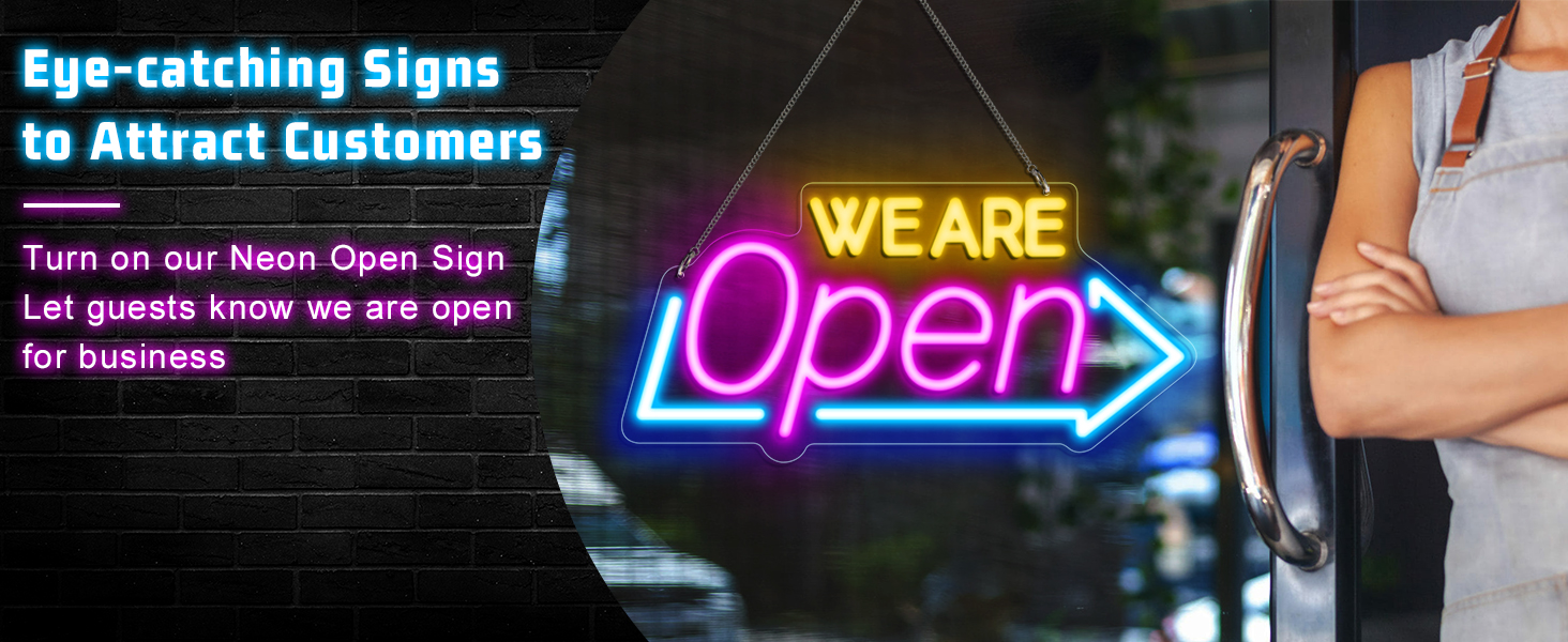 Neon signs can be hung everywhere, consisting of bright blues, pinks and yellows.