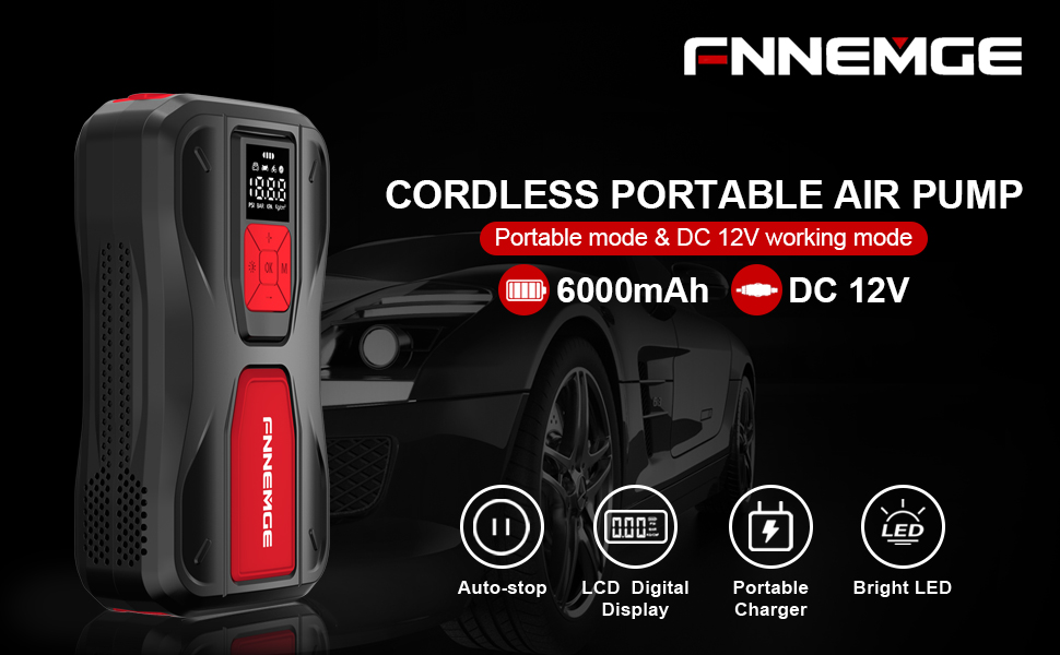 FNNEMGE Tire Inflator Portable Air Compressor,6000mAh Rechargeable Tire
