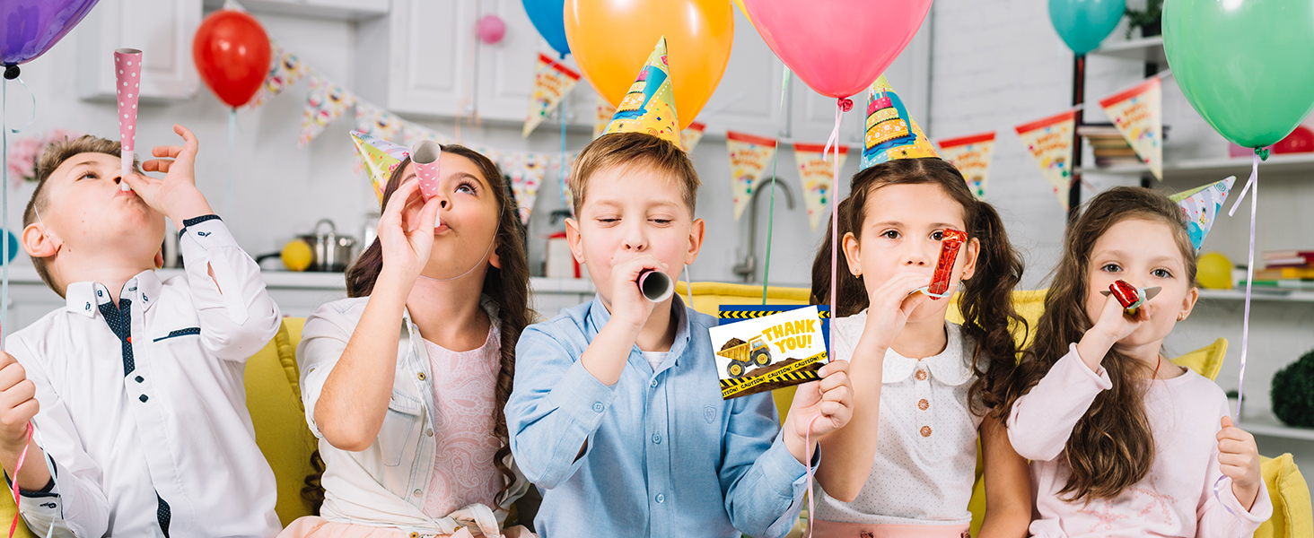 A group of friends celebrating with elegant construction greeting cards.