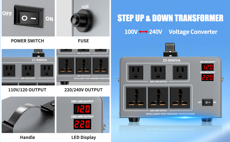 8000 Watt Voltage Converter Transformer Heavy Duty Step Up/Down AC 110V/120V/220V/240V