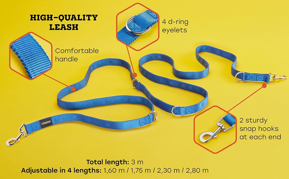 Vitazoo Dog Lead for Training - 3 m - Nylon Graphite Double Leash for Small Medium & Large Dogs - Adjustable Leads up to 4 Different Lengths - Blue 13 frame 2