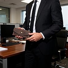 Business Handmade Crazy Horse Leather Envelope Wallet, Full-Grain Cowhide Card &amp; Phone Holder