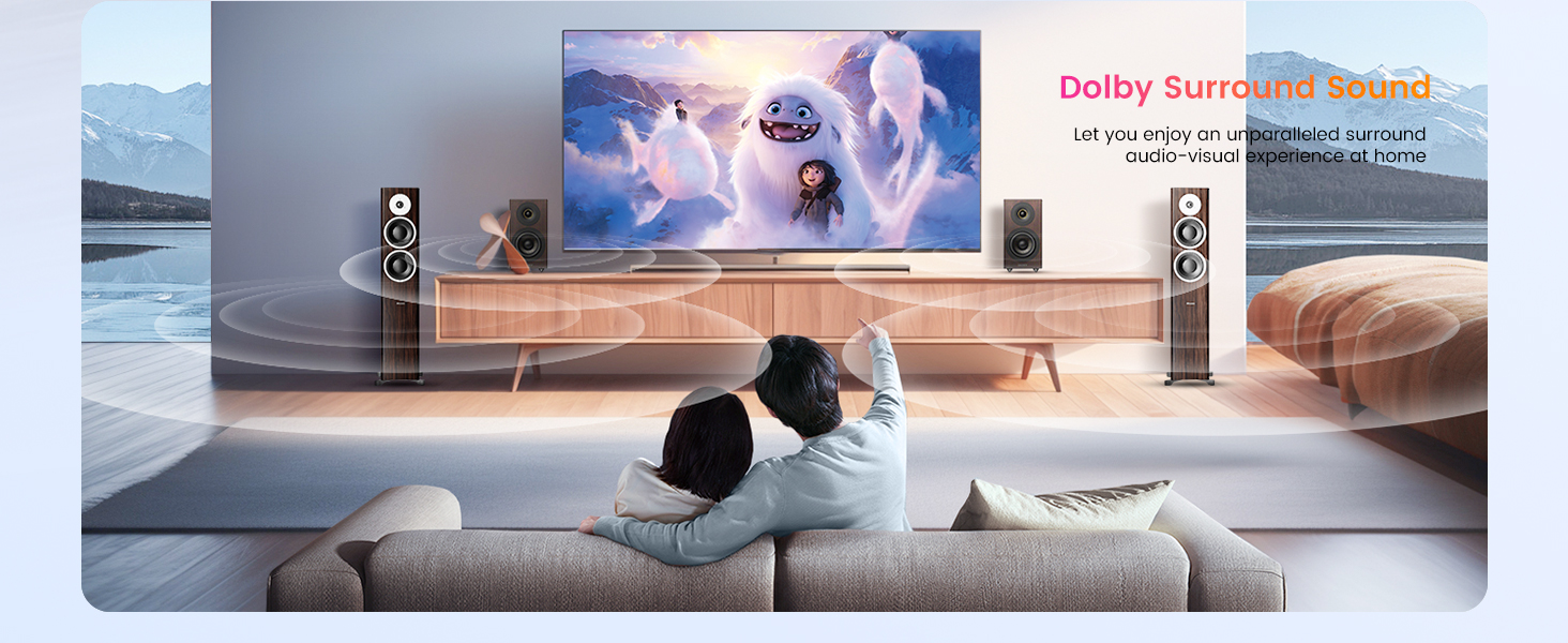 Interior room setting with large projector screen showing cloudy sky scene. Modern living room setup with couch and ambient lighting.