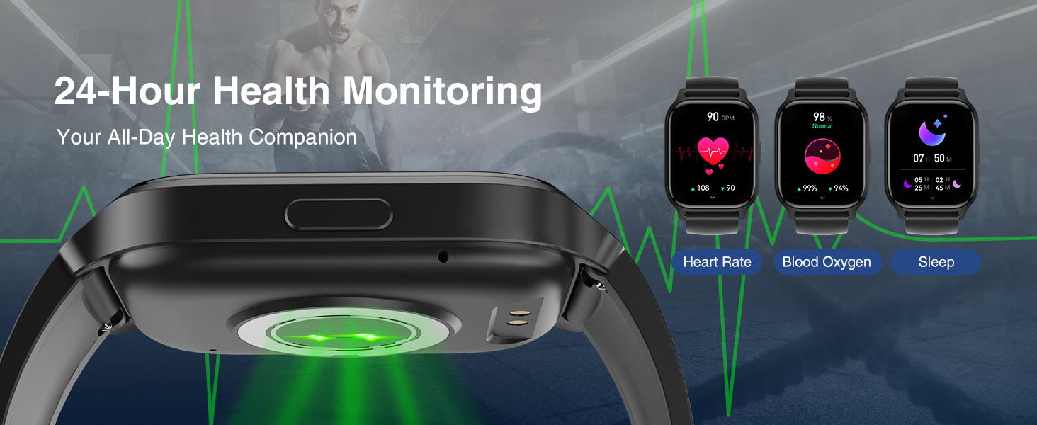 Smartwatch with 24-hour health monitoring features, including heart rate, blood oxygen, and sleep tracking. Green sensor on underside, multiple watch faces displayed.