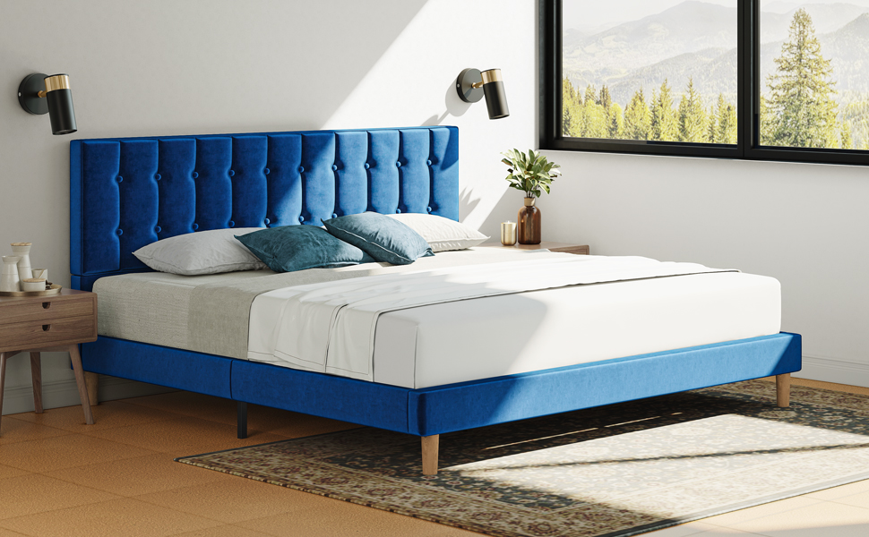LIKIMIO King Bed Frame, Upholstered Platform Bed Frame with