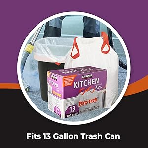 Kirkland Signature Flex-Tech 13 Gallon Kitchen Garbage Bags with Drawstring Closure - 200 Count
