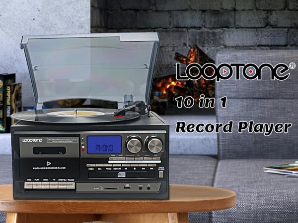 T-R-18CD LoopTone Vinyl Record Player 9 in 1 3 Speed Bluetooth Vintage  Turntable CD Cassette Player AM/FM Radio USB Recorder Aux-in RCA L