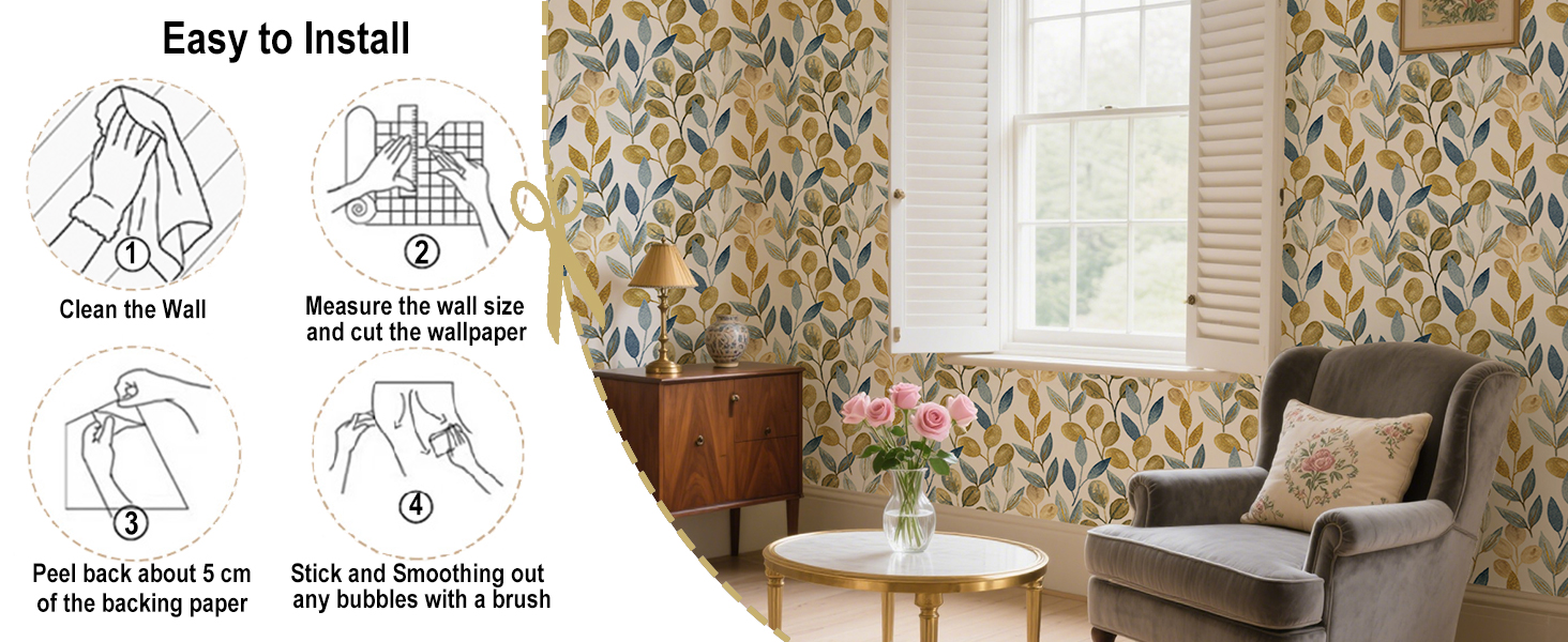 blue and gold leaf wallpaper for bedroom