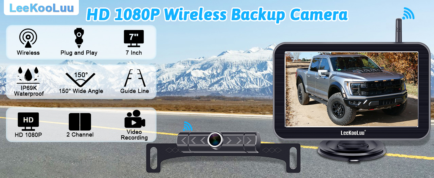 Wireless Backup Camera Trucks Recording HD 1080P with 7" DVR Monitor System for