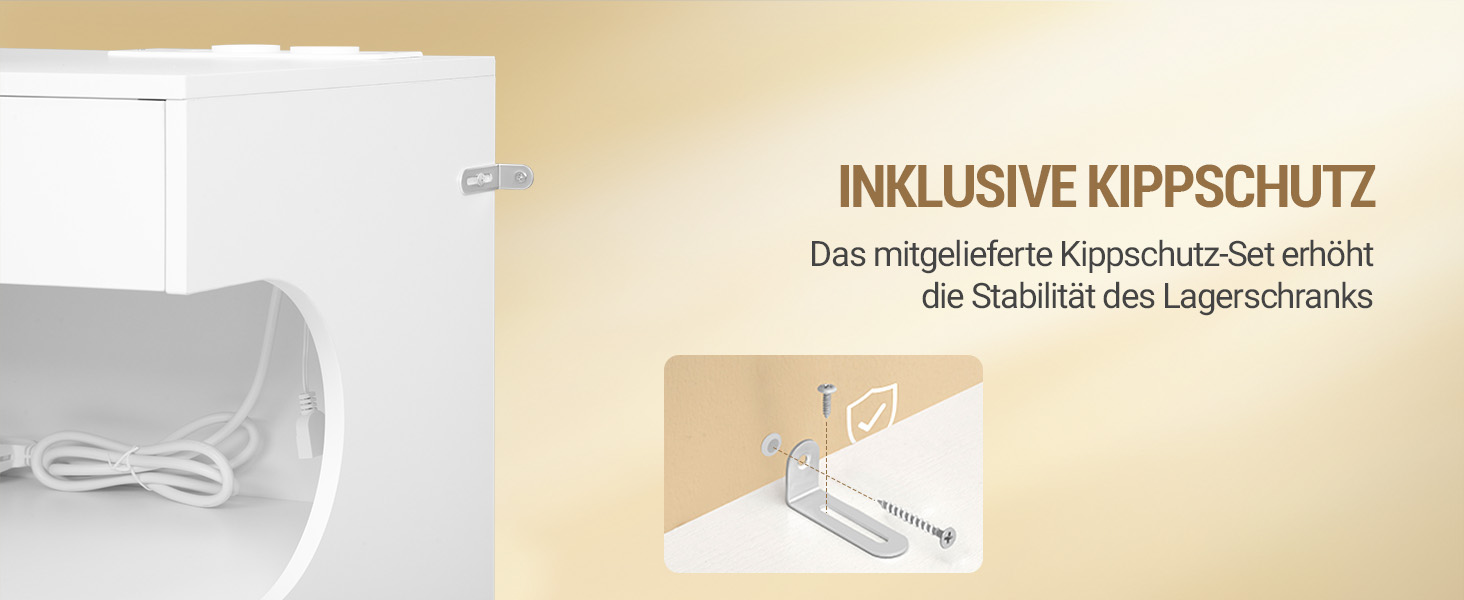 Abbildung, die ein weißes Gehäuse mit einer Kippsicherung zeigt. Das beigefügte Diagramm zeigt, wie das Gerät für zusätzliche Stabilität an der Wand befestigt