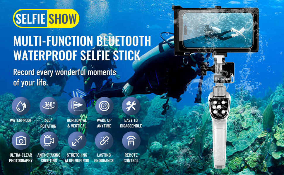 Multi-Function Bluetooth Waterproof Selfie Stick, Fit iPhone/Android Smartphones Up To 6.9 Inch.