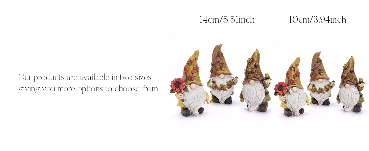 Six decorative garden gnome figurines in two sizes: 14cm and 10cm. Gnomes have white beards, pointed hats, and are shown sitting in various poses.