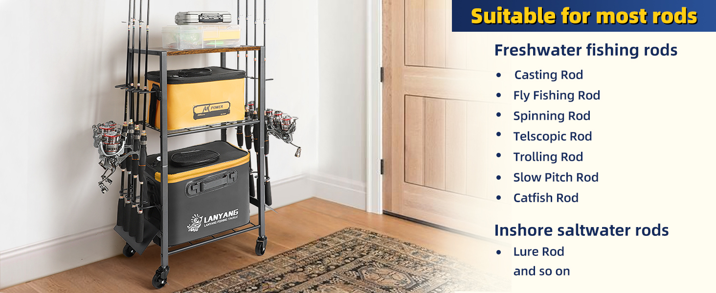 Mobile fishing rod storage rack with wheels, featuring multiple horizontal compartments for organizing different types of fishing rods. List of compatible rod types shown.