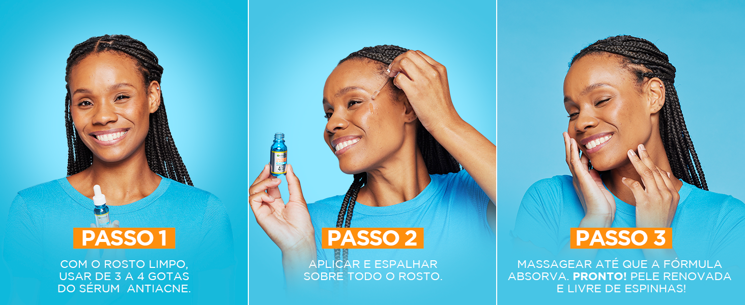 Mulher negra sorrindo enquanto aplica o produto seguindo os 3 passos necessários.