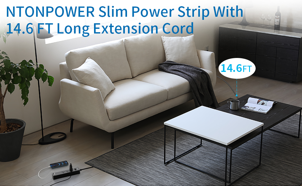 Flat Extension Cord 15 Ft, NTONPOWER Flat Plug Power Bar with 3 Outlets