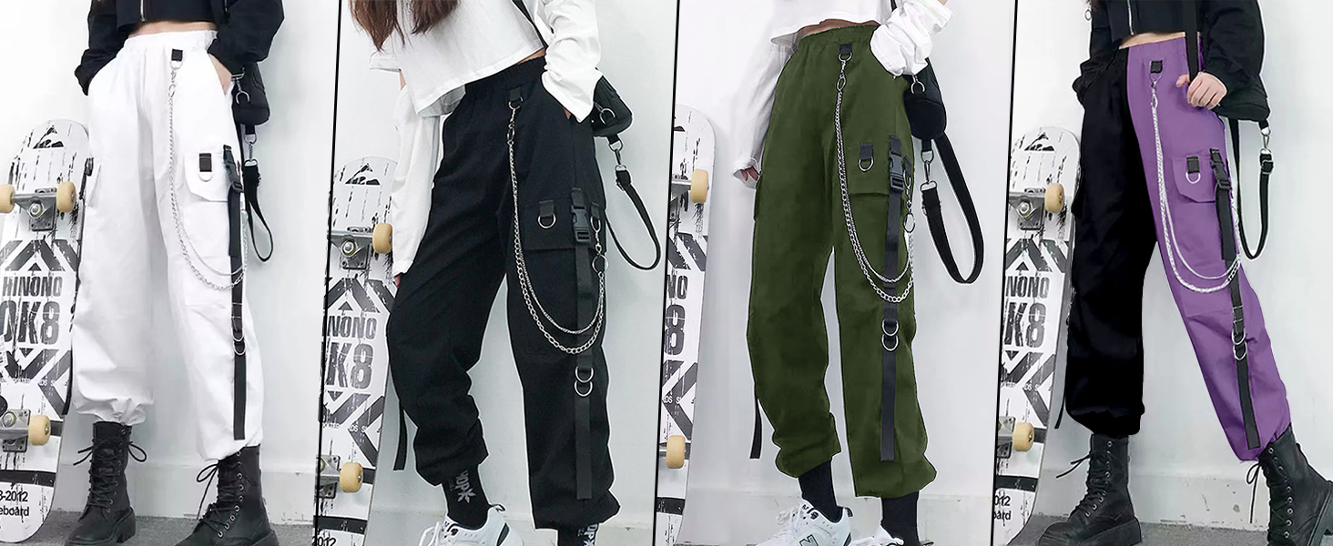 Baggy Cargo Pants with Chain Kpop Fashion Gothic Clothes for Women Emo Pants