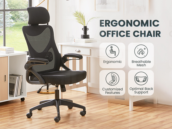 Ergonomic office chair with black mesh back, headrest, and armrests. Features include breathable mesh, customized features, and optimal back support.