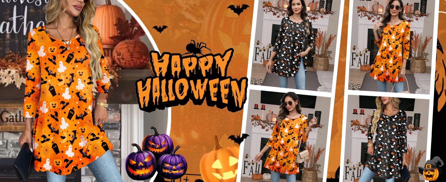 Halloween Shirts For Women Plus Size Tunic Tops 3/4 Sleeve Loose Tee