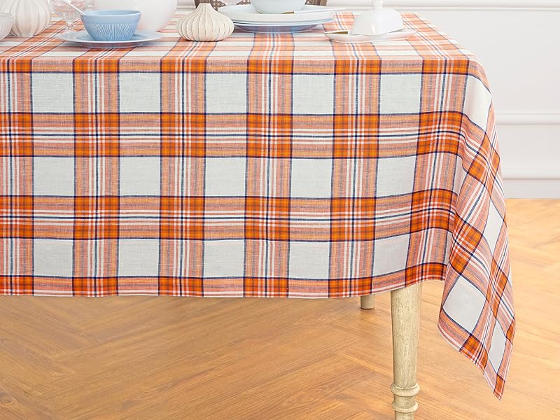 Linen Orange Plaid Tablecloth