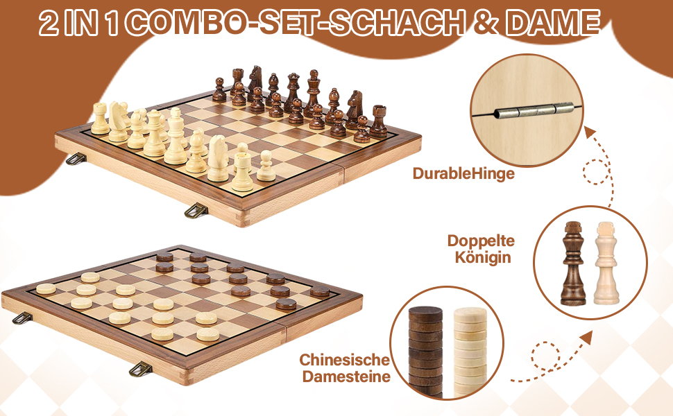 Text reads '2 IN 1 COMBO-SET-SCHACH & DAME'. Product shows folding wooden chess and checkers board set with game pieces and storage compartments. Design features durability and Chinese checkers functionality.