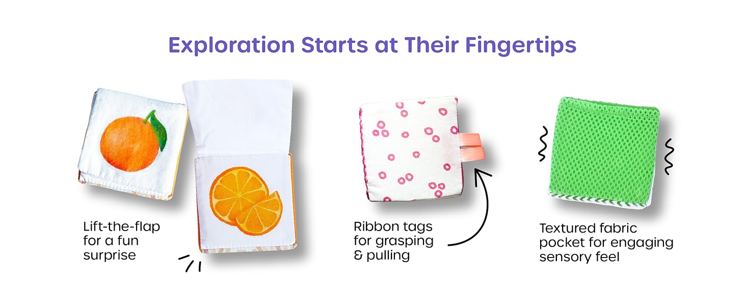 Fun surprise, Ribbon tags for grasping & pulling, Textured fabric pocket for engaging sensory feel.