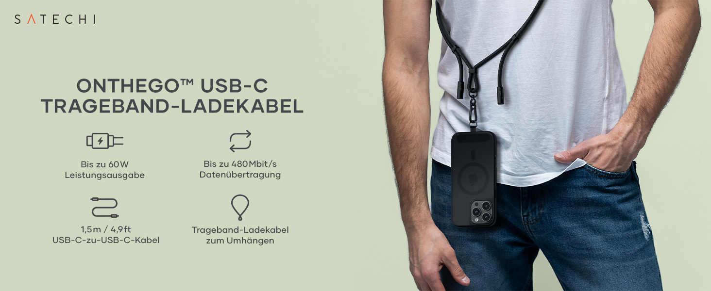 Προγραμματίστε το κείμενο "ONTHEGO™ USB-C TRAGBAND-LADEKABEL". Das Produktfoto zeigt eine Person, die einen schwarzen Tragegurt oder ein am Gerät befestigtes Schlüsselband trägt.