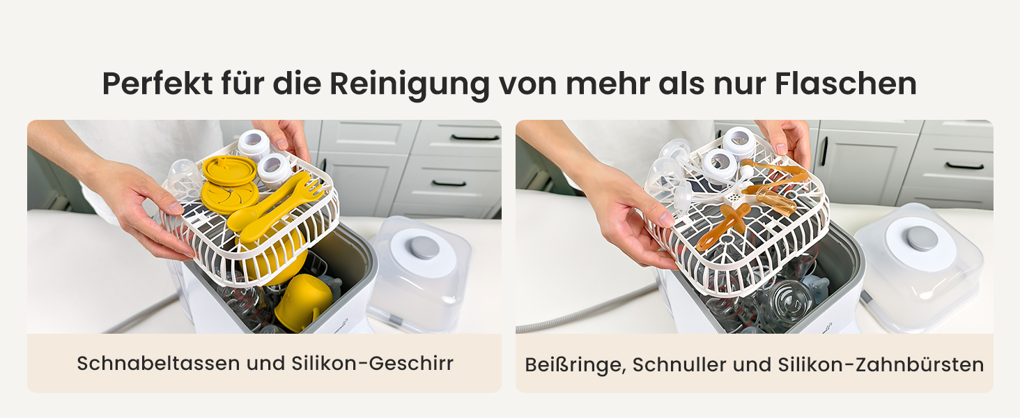 Der Text lautet „Perfekt für die Reinigung von mehr als nur Flaschen“. Demonstrationsbilder zeigen, wie eine gelbe Reinigungsbürste auf Flaschen und Oberflächen verwendet wird.