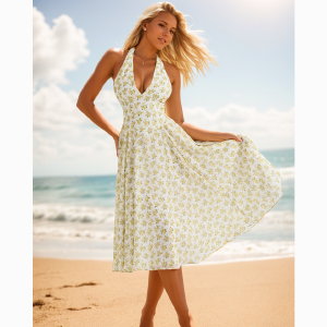 Halter Neck Sleeveless Floral Printing Spring Summer Midi