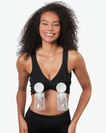 Woman wearing Larken X bra while pumping
