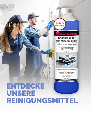 Floor cleaner bottle for mopping robots. Blue and white container with German text. Two cleaning professionals in blue uniforms examining the product in background.