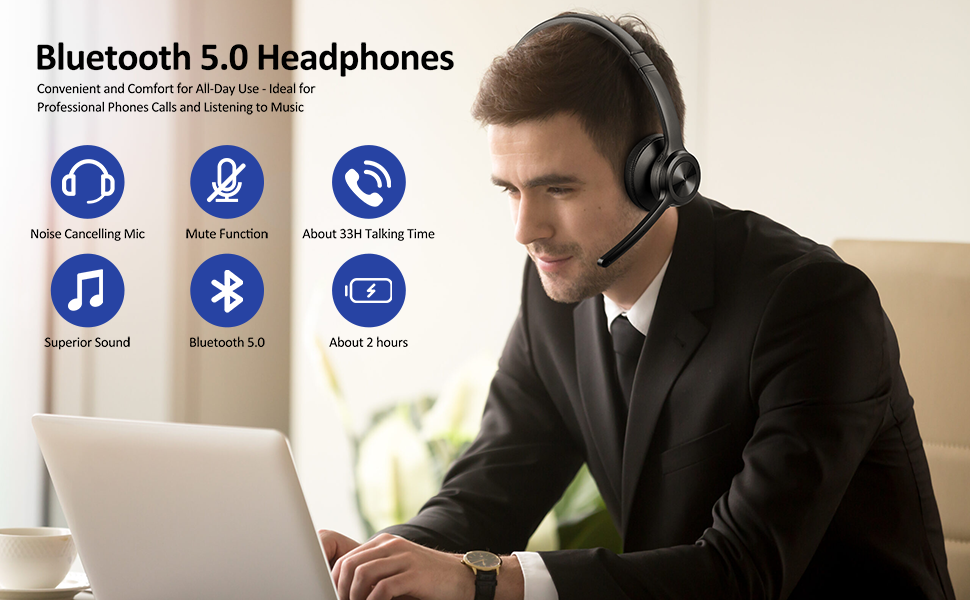 EKVANBEL Bluetooth Headset V5.2, Wireless Headphones with Noise Cancelling Microphone, On Ear
