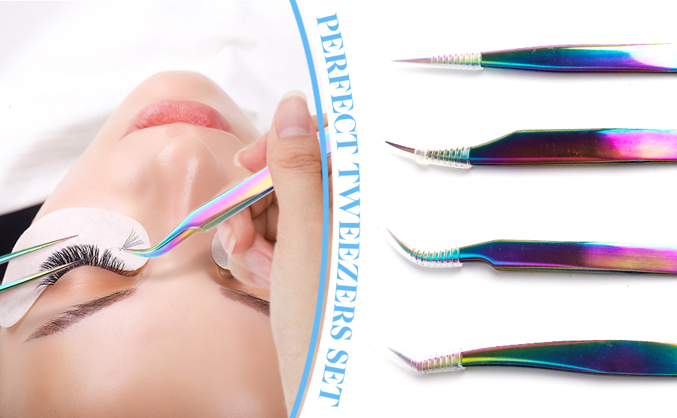 Lash Tweezers, Eyelash Extensions Tweezer Set 4pcs Lash Extension