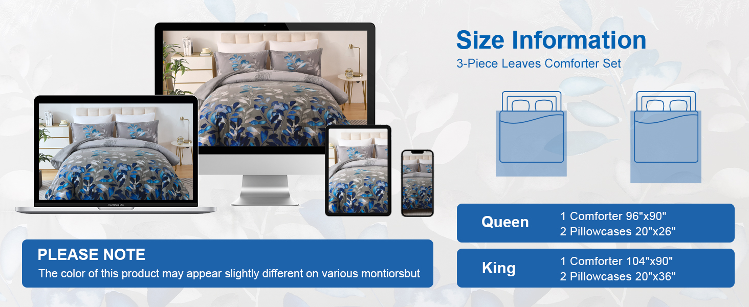 Dark Grey Comforter Set Queen Blue Botanical Leaves Comforter 3 Pieces Floral Bedding Sets