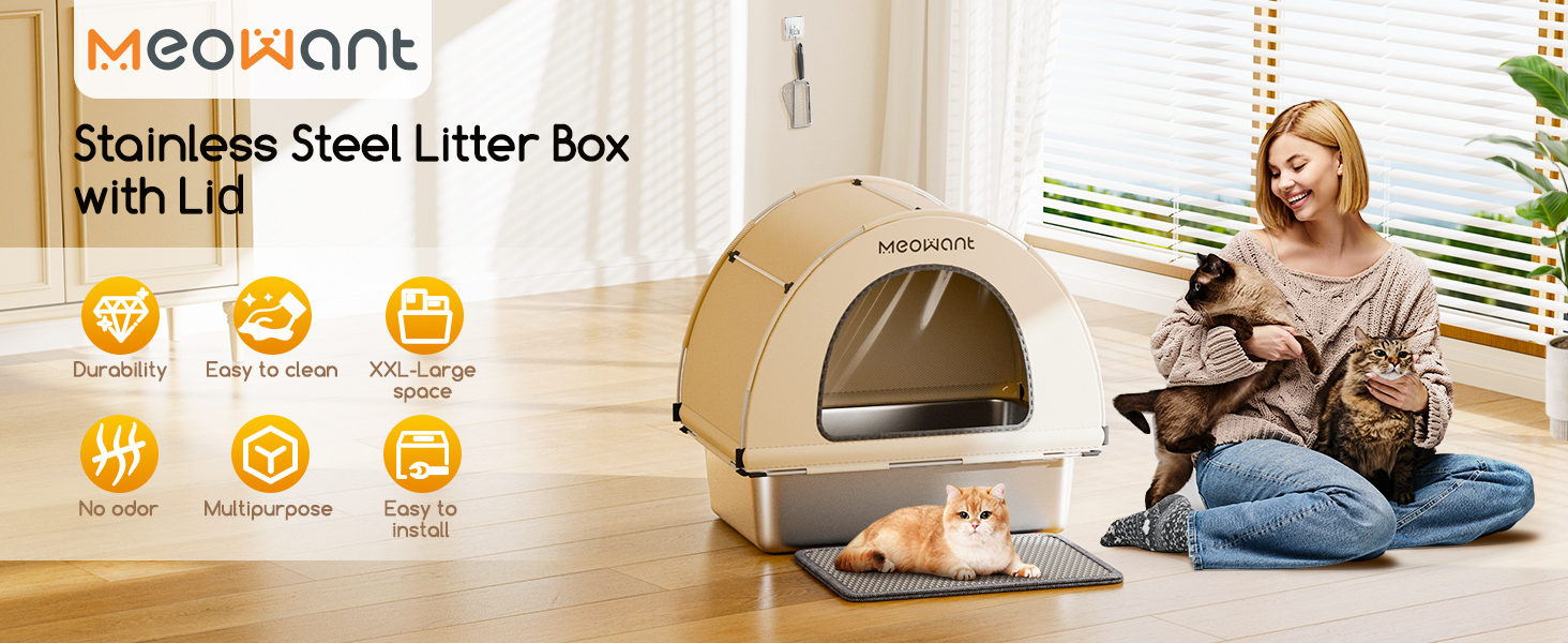 MeoWant Stainless Steel Litter Box with Cloth Cover Canopy