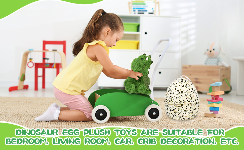 Child playing with green ride-on dinosaur toy in a bedroom. Text indicates dinosaur egg plush toys are suitable for various room decorations.