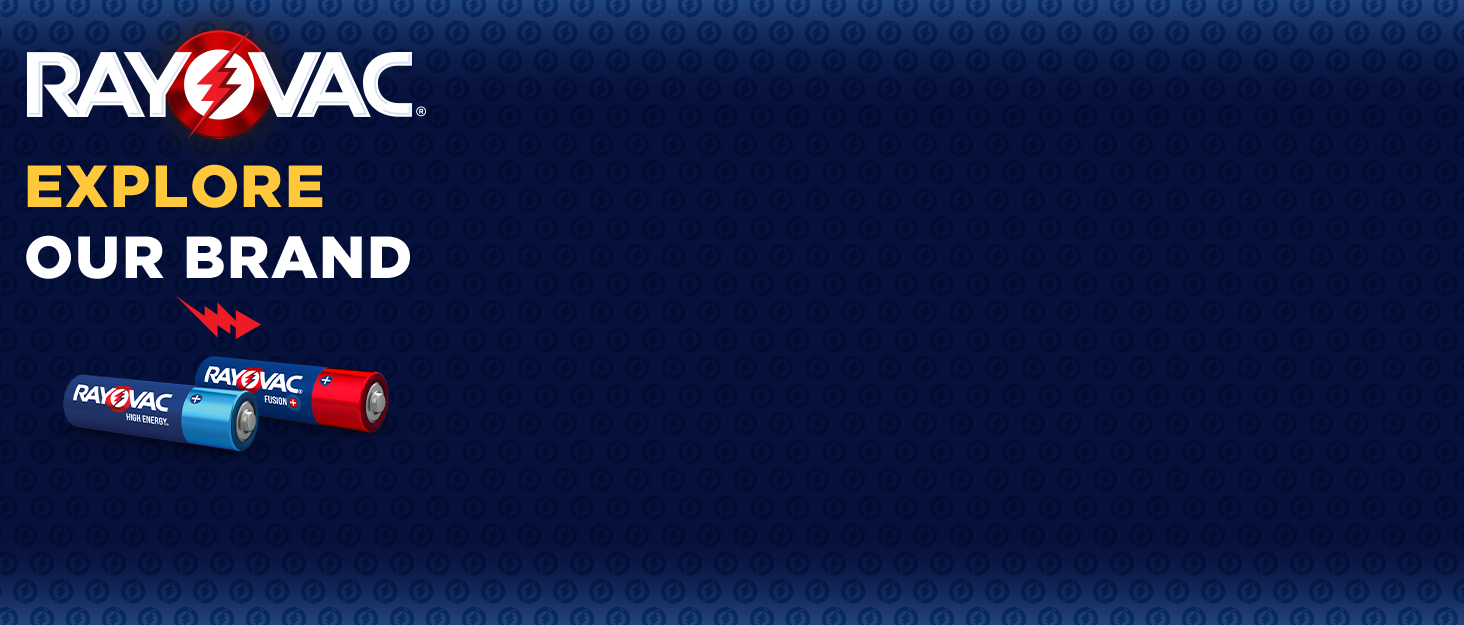 Rayovac logo with High Energy and Fusion Batteries on blue background