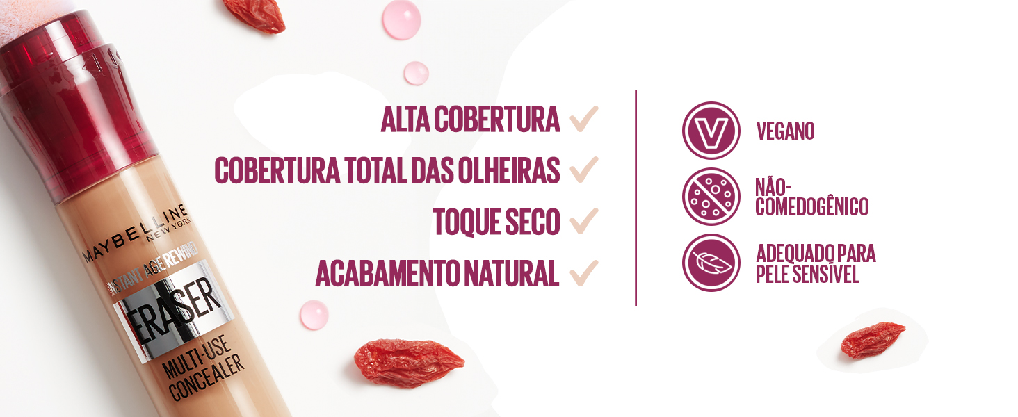Imagem do produto com seus benefícios: alta cobertura, toque seco e acabamento natural.