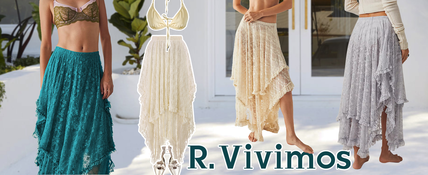 Women Lace Long Summer Elastic Asymmetrical Layered Hem Sexy See-Through Beach Floral Maxi Skirts