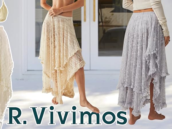 Amazon.com: R.Vivimos Women Lace Long Skirts Summer Elastic