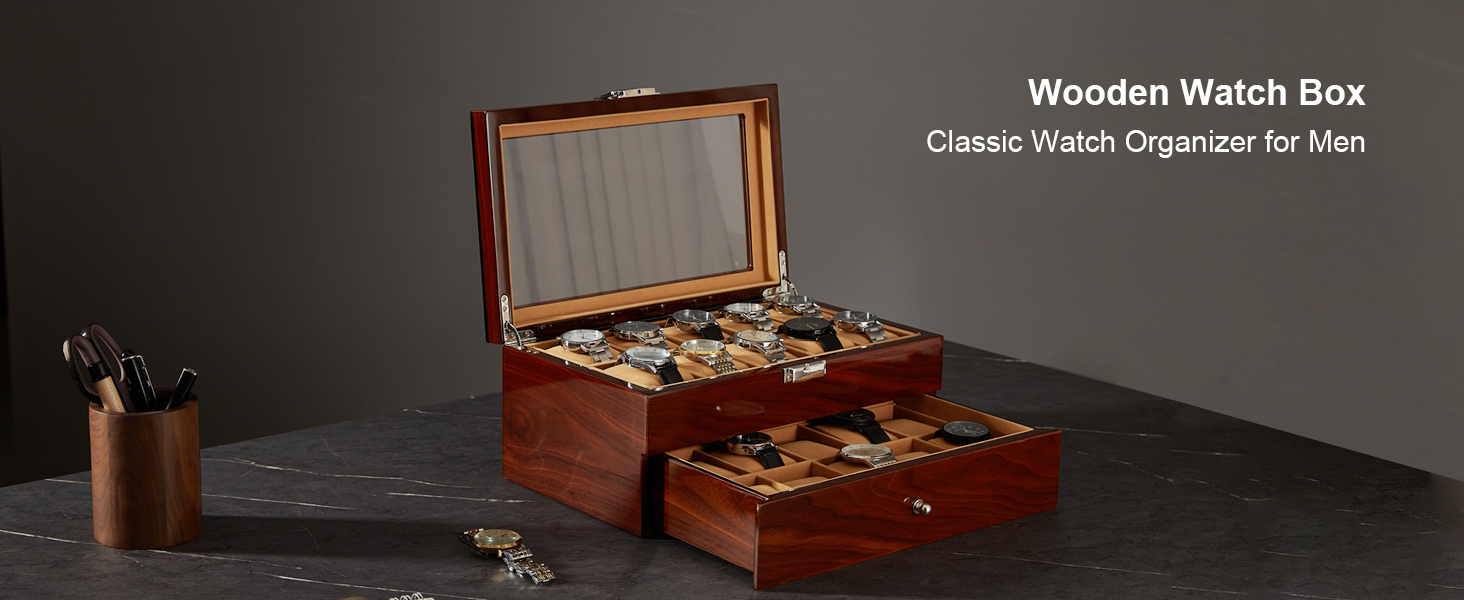 Homruilink 20Slot Watch Box, Wooden Watch Case with Glass