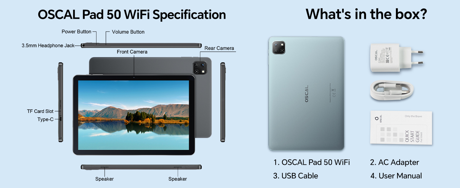 What's in the box OSCAL Pad 50 WiFi tablet  USB Cable AC Adapter User Manual