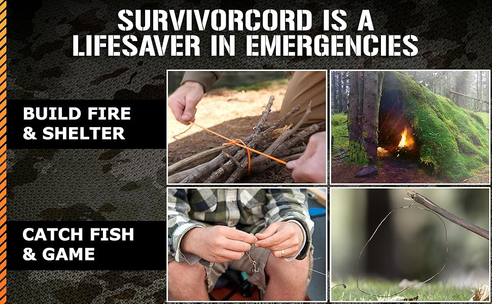 Use SurvivorCord to build a fire, repair gear, catch fish and game, and other applications