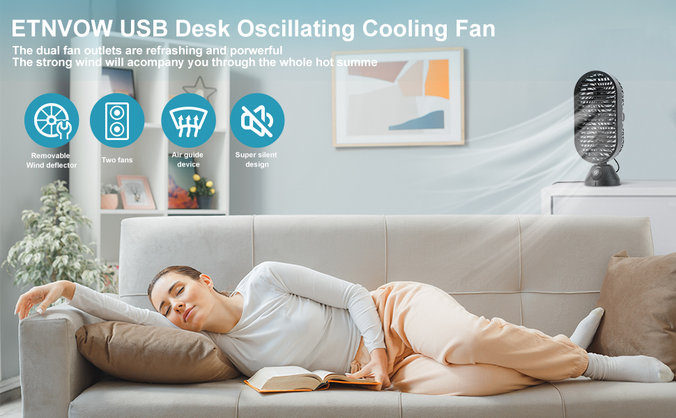 ETNVOW USB Desk Fan Oscillating Cooling, Portable Table