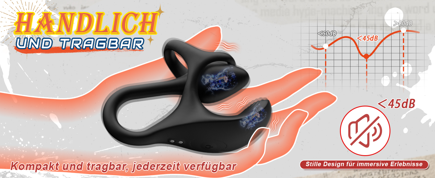 Schwarzes Handgerät auf einer orangefarbenen Handfläche mit Diagramm zur Geräuschreduzierung und