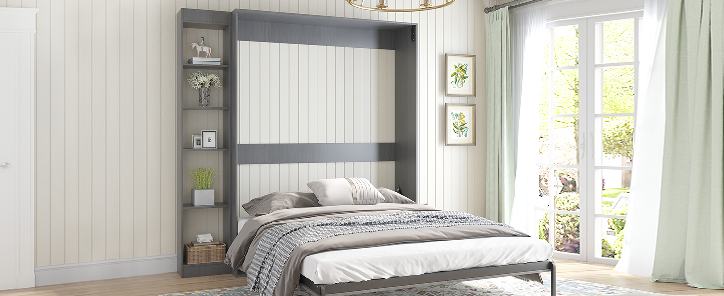 Mjkone Murphy Bed with Wardrobe, Folding Wall Bed for