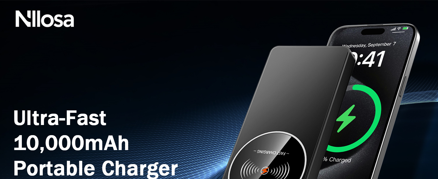 Text reads 'Nilosa', 'Ultra-Fast', '10,000mAh Portable Charger'. Marketing banner for portable charging device with dark background and green accents.
