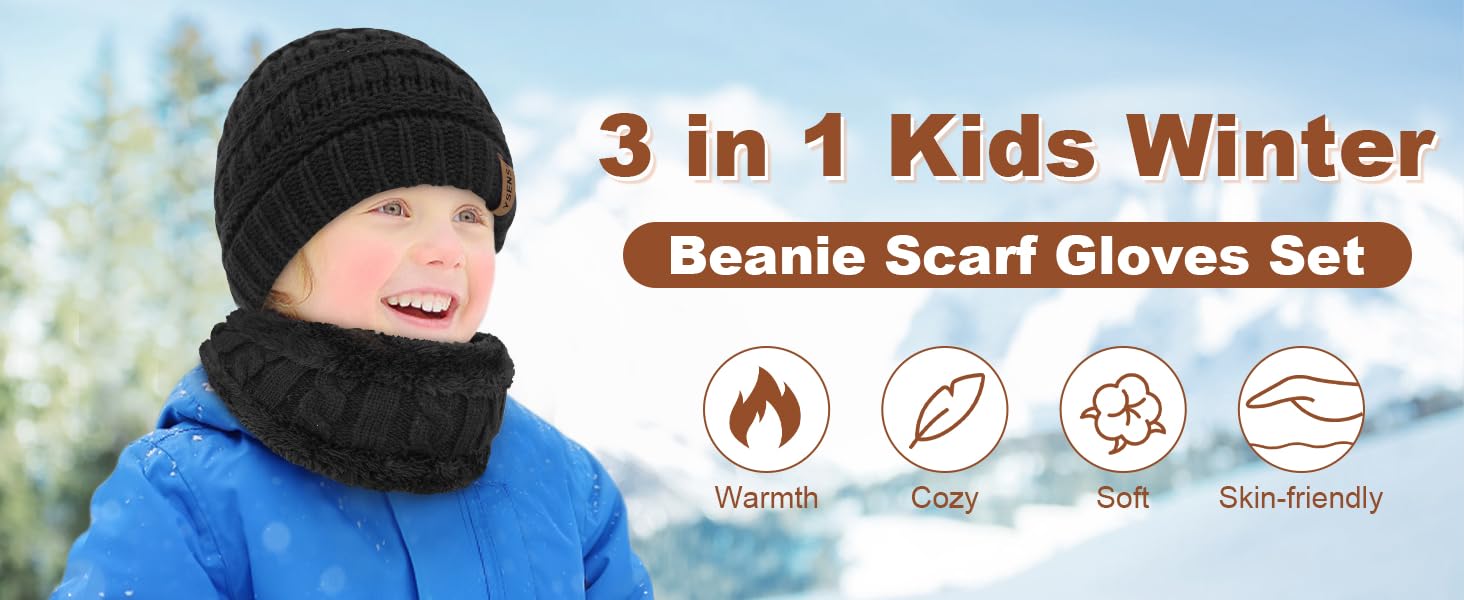 YSense 3 Pcs Kids Winter Beanie Hat Scarf Gloves Set Thick